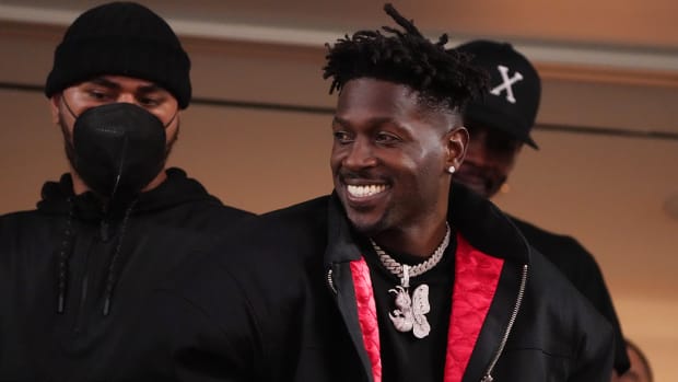 NFL free agent Antonio Brown smiles in the third quarter in Super Bowl LVI at SoFi Stadium.
